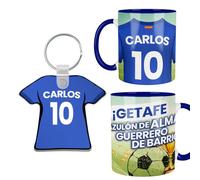 Kembilove® Pack Taza y Llavero Getafe CF Personalizados | Regalo Azulón con Nombre y Número | Taza Fútbol Personalizable Niño Adulto | Aficionados del Getafe | Camiseta y Llavero Personalizado