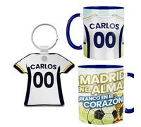 Kembilove® Pack Taza y Llavero Real Madrid Personalizados | Regalo Fútbol con Nombre y Número | Taza Madridista Niño Adulto | Orgullo Merengue | Detalle Fans Real Madrid | Personalización Completa