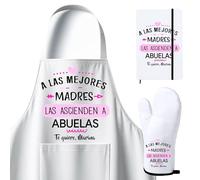 Kembilove Regalo Dia de la Madre - Pack Dia de la Madre Personalizado - Delantal Cocina - Manoplas Horno - Recetario - Regalos para Abuela - A Las Mejores Madres Las ascienden a Abuelas