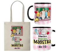 Kembilove® Regalo personalizado para profesora con foto - Taza y bolsa “Eres una maestra de 10” - Fin de curso infantil y primaria - Detalle único con nombre y foto