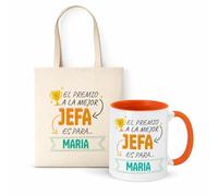 Kembilove Set Regalo “El Premio a la Mejor Jefa” - Taza Cerámica 11 oz y Bolsa Tote Personalizadas con Nombre - Interior y Asa Naranja