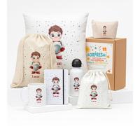 Kembilove Set regalo infantil personalizado Niño Astronauta con nombre - Mochila, botella, cojín, libreta, taza, neceser y bolsa - Caja incluida - Ideal para cumpleaños, comunión y vuelta al cole
