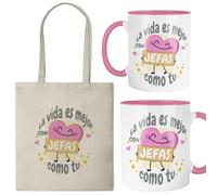 Kembilove Set Regalo “La vida es mejor con jefas como tú” - Taza Cerámica 11 oz y Bolsa Tote Personalizadas con Nombre - Interior y Asa Rosa (Color de Taza a Elegir)