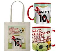 Kembilove® Taza + Bolsa Personalizada de Fútbol | Diseño Rayista “Rayo Vallecano” con Nombre y Número | Regalo Original para Niños, Niñas y Adultos Aficionados al Fútbol