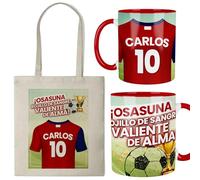 Kembilove® Taza + Bolsa Personalizada de Fútbol | Diseño Rojillo “Osasuna Valiente de Alma” con Nombre y Número | Regalo Original para Niños, Niñas y Adultos Aficionados al Fútbol