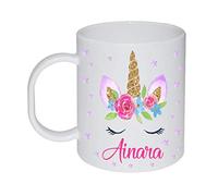Kembilove Taza de Desayuno Infantil Personalizada - Tazas Plástico Personalizadas con el Nombre del Niño o Niña Vuelta al Cole - Diseño Unicornio