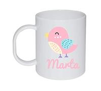 Kembilove Taza de Desayuno Infantil Personalizada - Tazas Plástico Personalizadas con el Nombre del Niño o Niña - El Regalo para la Vuelta al Cole - Diseño Pájaro rosa