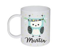 Kembilove Taza de Desayuno Infantil Personalizada - Tazas Plástico Personalizadas con el Nombre del Niño o Niña Vuelta al Cole - Diseño Búho