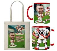 Kembilove® Taza personalizada Rayo Vallecano con caricatura y bolsa | Regalo para fans rayistas | Producto personalizado con nombre y número | Detalle original fútbol de barrio