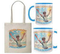 Kembilove® Taza y bolsa de jubilación diseño divertido “Adiós tensión hola pensión” | Regalos originales para jubilados hombres y mujeres | Detalles únicos para fiesta de jubilación