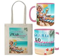 Kembilove® Taza y bolsa de jubilación mujer diseño playa “Te lo mereces” | Regalos originales para jubiladas felices | Pack divertido con frases graciosas para fiesta de jubilación