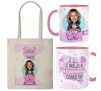 Kembilove® Taza y bolsa personalizada compañeras | La vida es mejor con compañeras como tú | Regalo bonito y original para compañera de trabajo | Pack con caricatura personalizada