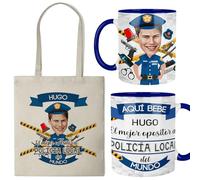 Kembilove® Taza y Bolsa Personalizadas Policía Local Hombre con Caricatura y Nombre | Regalo Original para Opositores Policía Local | Set Exclusivo para Academia y Motivación