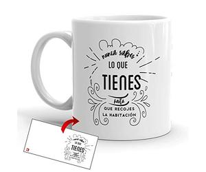 Kembilove Tazas de Desayuno Simpáticas - Tazas de Café Divertidas y Graciosas con Mensaje Nunca Sabes lo Que Tienes, hasta Que recoges la habitación - Tazas Originales de cerámica de 350 ml