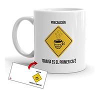 Kembilove Tazas de Desayuno Simpáticas - Tazas de Café Divertidas y Graciosas con Mensaje Precaución, todavía es el primer café - Tazas Originales de cerámica de 350 ml