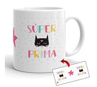 Kembilove Tazas de Familia - Originales Tazas de Desayuno para Toda la Familia - Mensaje Eres una Súper Prima - Tazas de Café para Hombres y Mujeres - Regalos Originales para Familiares