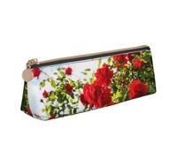 KemEng Arbusto de Rosas Rojas Estampado, Estuche para lápices con Forma de triángulo, Estuche portátil de Cuero con Cremallera, Estuche para cosméticos