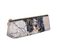 KemEng Border Collie Invierno Blanco Nieve Perros Negros, Estuche para lápices con Forma de triángulo, Estuche portátil de Cuero con Cremallera, Estuche para cosméticos