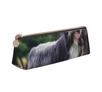 KemEng Collie Barbudo Beardie Rizado Gris Perros Mascotas, Estuche para lápices con Forma de triángulo, Estuche portátil de Cuero con Cremallera, Estuche para cosméticos