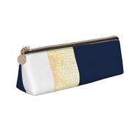 KemEng Elegante Acento de Rayas Blancas, Azul Marino, Dorado Falso, Estuche para lápices con Forma de triángulo, Estuche portátil de Cuero con Cremallera, Estuche para cosméticos
