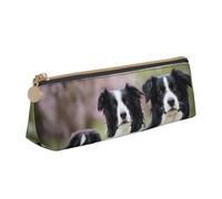 KemEng Familia del Border Collie, Estuche para lápices con Forma de triángulo, Estuche portátil de Cuero con Cremallera, Estuche para cosméticos