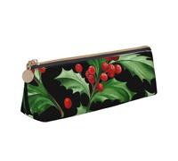 KemEng Feliz Navidad Acebo, Estuche para lápices con Forma de triángulo, Estuche portátil de Cuero con Cremallera, Estuche para cosméticos