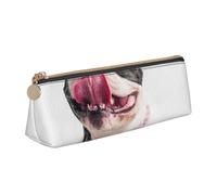 KemEng Feliz Perro Curioso Bulldog Francés, Estuche para lápices con Forma de triángulo, Estuche portátil de Cuero con Cremallera, Estuche para cosméticos