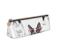 KemEng Frenchie Negro Bulldog Francés Dibujos Animados Gafas Rosas Perro Blanco, Estuche para lápices con Forma de triángulo, Estuche portátil de Cuero con Cremallera, Estuche para cosméticos