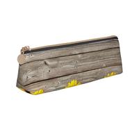 KemEng Girasol sobre Madera rústica, Estuche para lápices con Forma de triángulo, Estuche portátil de Cuero con Cremallera, Estuche para cosméticos