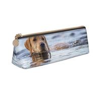 KemEng Golden Retriever Flotante Perros Mascotas Labrador, Estuche para lápices con Forma de triángulo, Estuche portátil de Cuero con Cremallera, Estuche para cosméticos