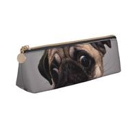 KemEng Gracioso Perro codicioso Pug, Estuche para lápices con Forma de triángulo, Estuche portátil de Cuero con Cremallera, Estuche para cosméticos