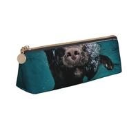 KemEng Gracioso Perro Labrador Negro Nadando con Cara expresiva, Estuche para lápices con Forma de triángulo, Estuche portátil de Cuero con Cremallera, Estuche para cosméticos