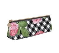 KemEng Imprimir Rosas sobre Cuadros Blancos Y Negros, Estuche para lápices con Forma de triángulo, Estuche portátil de Cuero con Cremallera, Estuche para cosméticos