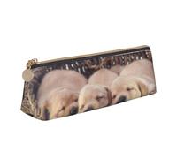 KemEng Labradores Cachorros Pequeños Golden Retriever, Estuche para lápices con Forma de triángulo, Estuche portátil de Cuero con Cremallera, Estuche para cosméticos