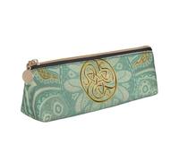 KemEng Mandala Celta Suave, Verde Salvia y Dorado, Estuche para lápices con Forma de triángulo, Estuche portátil de Cuero con Cremallera, Estuche para cosméticos