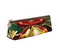 KemEng Navidad Cinta Roja Campanas Doradas, Estuche para lápices con Forma de triángulo, Estuche portátil de Cuero con Cremallera, Estuche para cosméticos