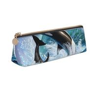 KemEng Ola de orcas orcas, Estuche para lápices con Forma de triángulo, Estuche portátil de Cuero con Cremallera, Estuche para cosméticos