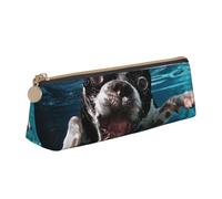 KemEng Perro Submarino Boston Terrier, Estuche para lápices con Forma de triángulo, Estuche portátil de Cuero con Cremallera, Estuche para cosméticos