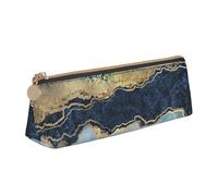 KemEng Pintura Abstracta Brillo Dorado Mármol Azul, Estuche para lápices con Forma de triángulo, Estuche portátil de Cuero con Cremallera, Estuche para cosméticos