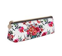 KemEng Ramos Florales Brillantes y Elegantes de Color Rojo Azul Marino, Estuche para lápices con Forma de triángulo, Estuche portátil de Cuero con Cremallera, Estuche para cosméticos