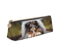 KemEng Rough Collie Bokeh Ferrocarril Perros Mascotas Áspero, Estuche para lápices con Forma de triángulo, Estuche portátil de Cuero con Cremallera, Estuche para cosméticos