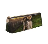 KemEng Schnauzer Atardecer Perros Mascotas Montañas Schnauzer, Estuche para lápices con Forma de triángulo, Estuche portátil de Cuero con Cremallera, Estuche para cosméticos