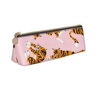 KemEng Tigres Lindos Animales de Circo sobre el Fondo Rosa, Estuche para lápices con Forma de triángulo, Estuche portátil de Cuero con Cremallera, Estuche para cosméticos
