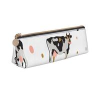 KemEng Vaca Manchada De Leche Vaca Negra, Estuche para lápices con Forma de triángulo, Estuche portátil de Cuero con Cremallera, Estuche para cosméticos