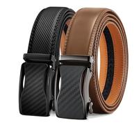 KEMISANT Cinturón Hombre 2 Piezas, Cinturones Hombre Cuero Hebilla Trinquete Automática,35MM Tamaño Ajustable para Pantalones Traje Vestir(Negro/Tawny,115cm/32-38" Cintura ajuste)