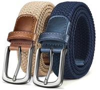KEMISANT Elástico Trenzado Cinturón 2 Piezas, Cinturón Hombre Tejido Cinturón Golf para Hombres y Mujeres 35mm(Beige/Azul Antiguo,120cm/38-42" Cintura ajuste)