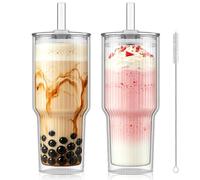 KEMORELA Juego de 2 vasos de cristal acanalados de doble pared, 830 ml | Vaso con tapa y pajita XXL para beber frío Brew Latte Macchiato Smoothie Taza de café Bar Home Café Café Reutilizable