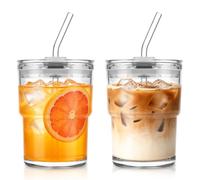 KEMORELA Juego de 2 vasos de cristal con tapa y pajita de 380 ml, a prueba de fugas, vasos con tapa, vasos de matcha, vasos de café helado, vasos para batidos, tazas de viaje para café, zumo y bebidas