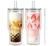KEMORELA Juego de 2 vasos de cristal de doble pared, 830 ml, cristal con tapa y pajita, vaso XXL para bebidas calientes y frías
