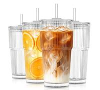 KEMORELA Paquete de 4 vasos de vidrio acanalado de 600 ml con tapas y pajitas a prueba de fugas, juego de vidrio premium sin plomo para café helado, batidos y jugos, apto para lavavajillas